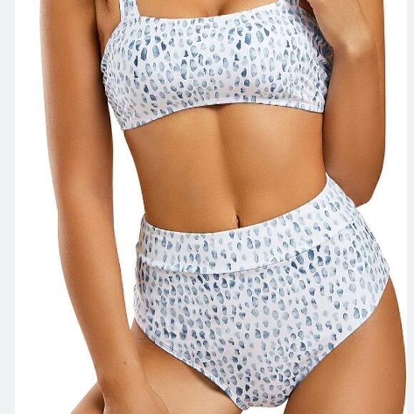New Ferbia High Waisted Light Blue & White Strappy Bikini Set - Picture 2 of 4